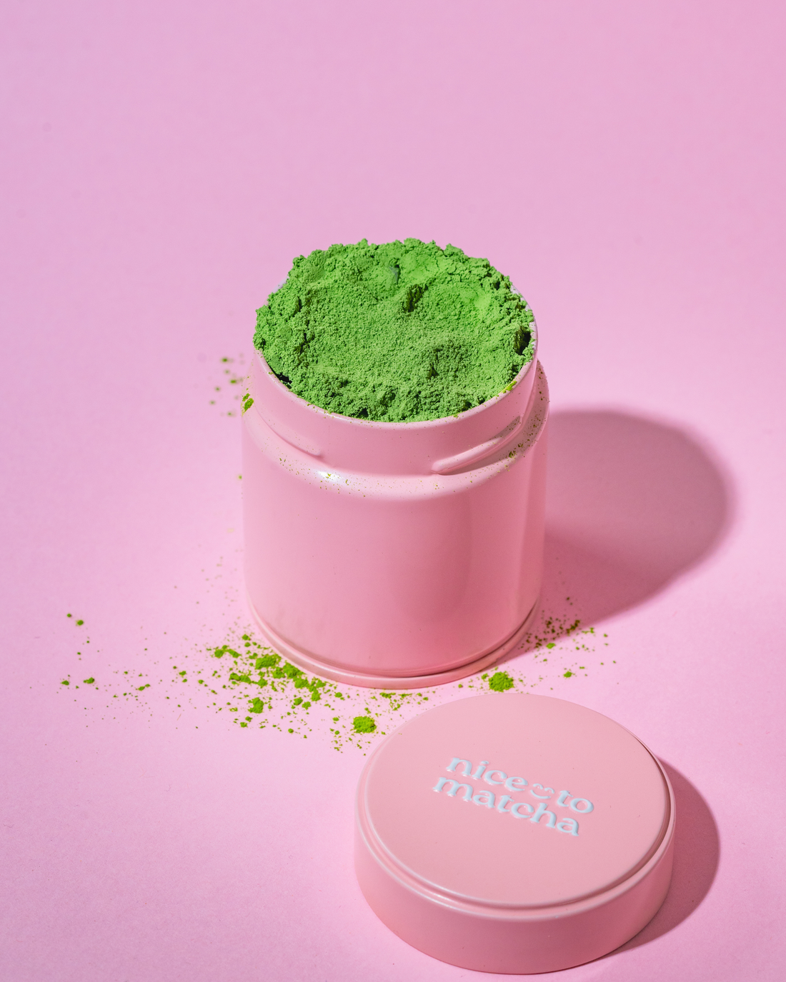 Nice To Matcha Signature Ceremonial Grade Matcha tin on pink background