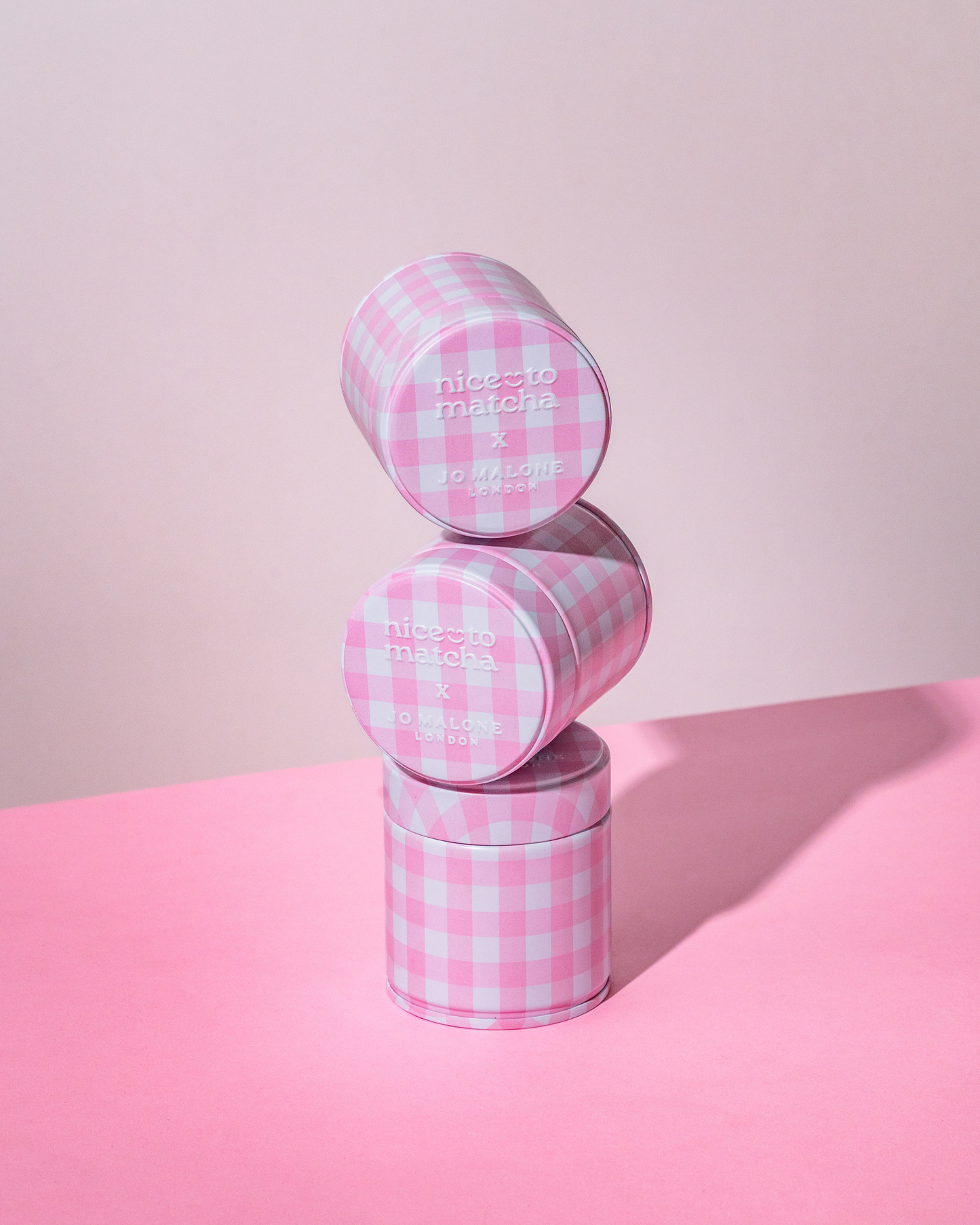 Jo Malone London x Nice To Matcha gingham tin — ivory white and pastel pink, Yabukita Uji matcha